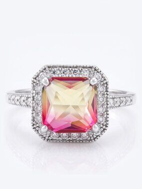 Emerald cut peach and pink gemstone ring, 925 Sterling Silver Charmed Aroma